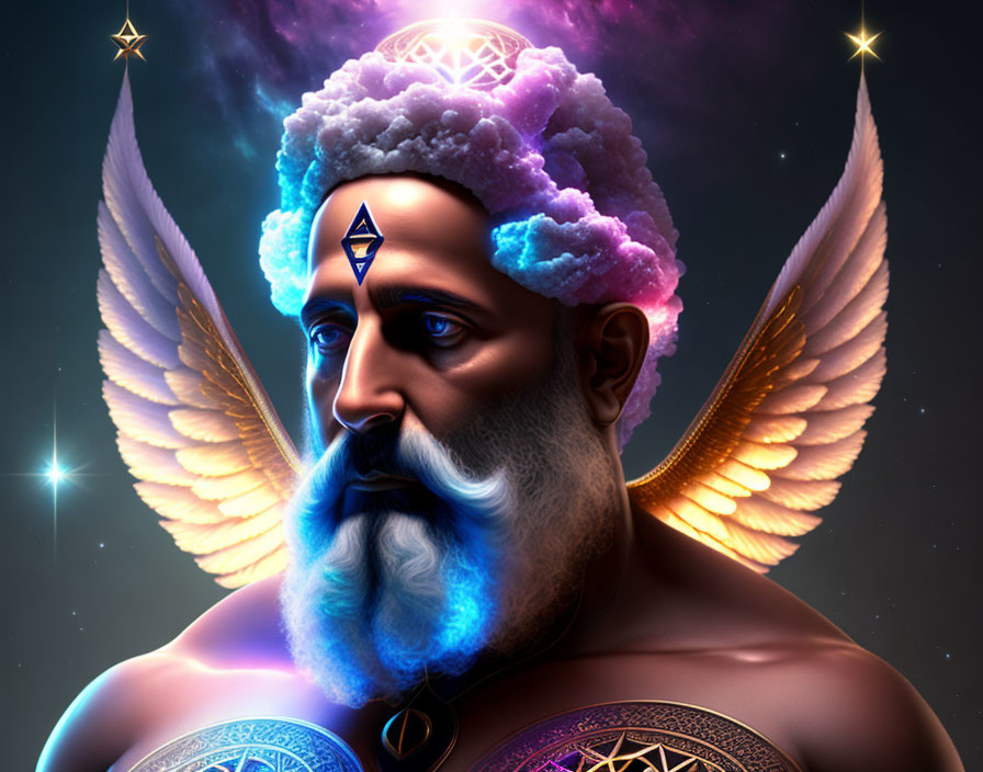 Celestial-themed illustration of a bearded man with cosmic brain and mystical symbols