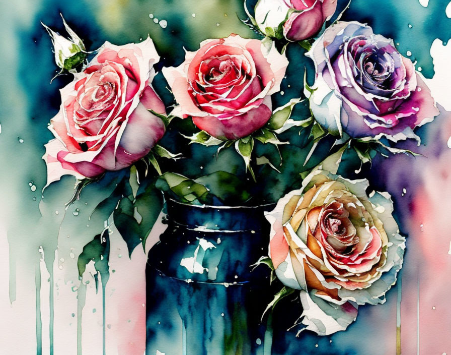 Colorful Watercolor Painting of Roses in Blue Vase