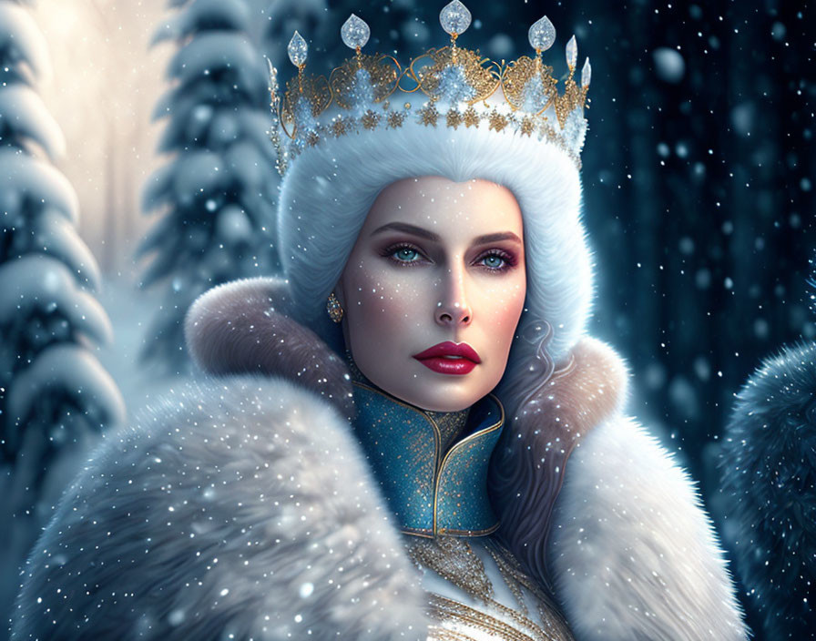 Regal woman in fur cloak and golden crown amid falling snow