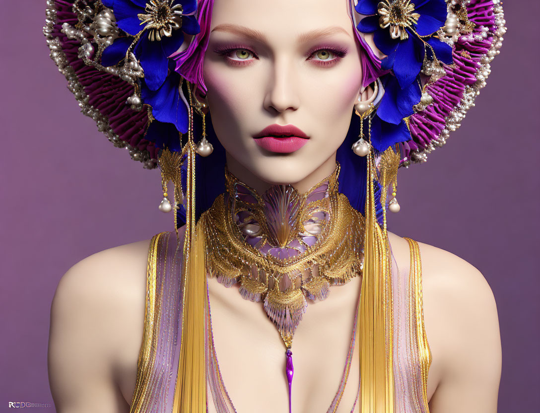 Model with artistic makeup, golden jewelry, purple floral headpiece on purple background