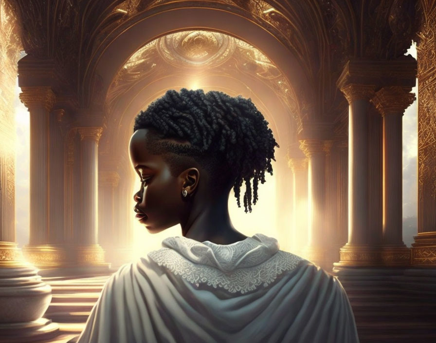 Intricate hair twists person in grand sunlit hall