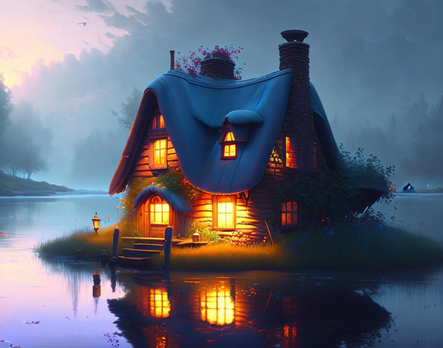 Cozy cottage illustration with blue blanket by lakeside at twilight