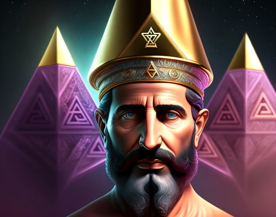 Digital image: Man with beard, crown, and regal expression against illuminated pyramids.