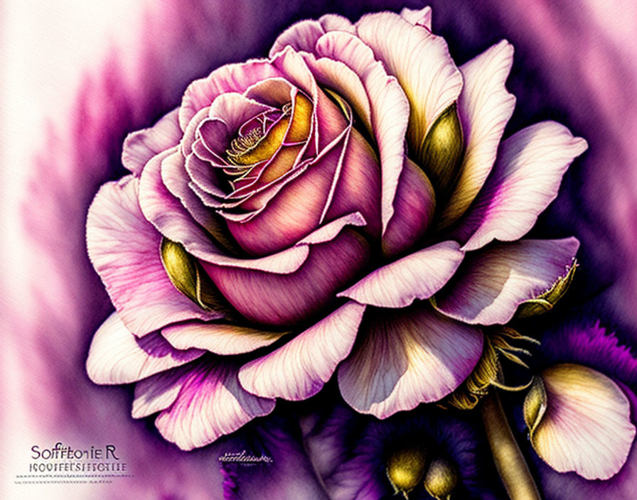 Detailed purple and white rose illustration with textured petals.