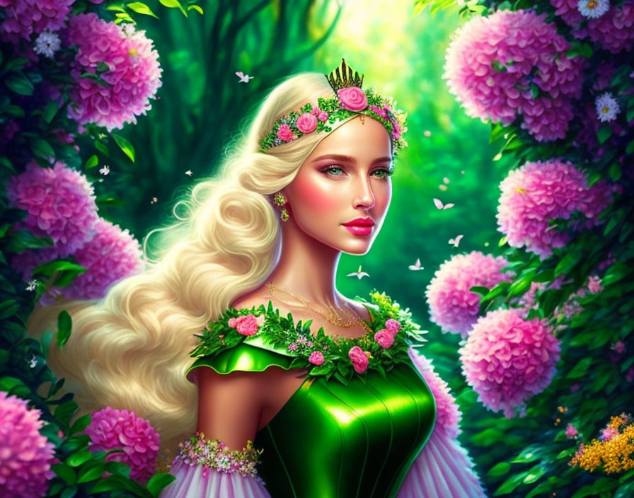 Illustration of woman with long blonde hair in green dress, floral crown, pink flowers, butterflies