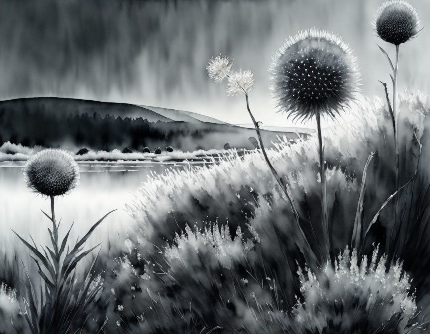 Monochromatic landscape painting with dandelion-like flowers, serene river, and hills