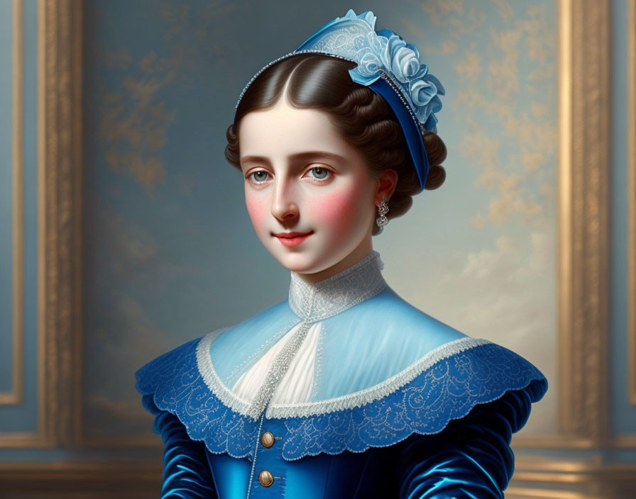 Victorian woman portrait in blue attire with lace collar