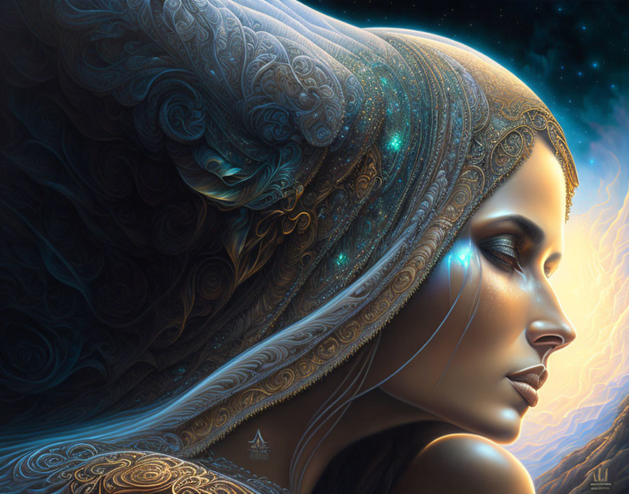 Digital artwork featuring woman with ornate headpiece and cosmic background