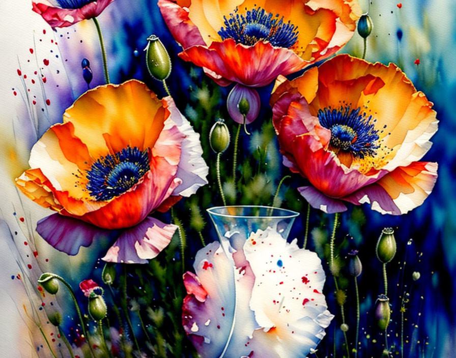 Colorful Watercolor Painting of Poppies and Glass Vase