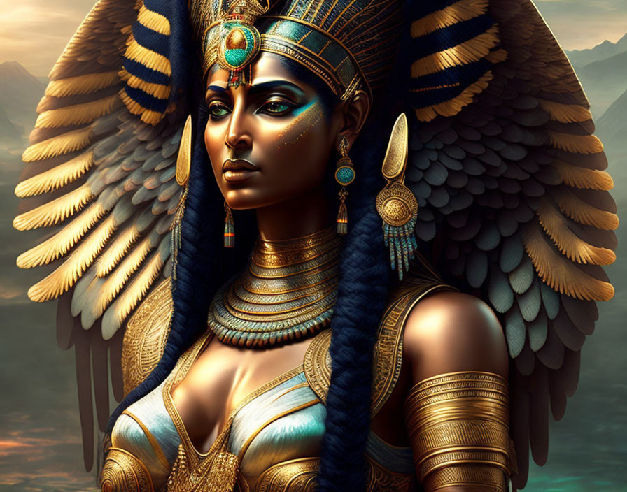 Digital artwork features woman as ancient Egyptian deity with golden jewelry and winged headdress against mystical desert backdrop