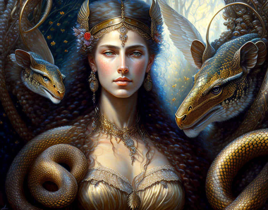 Fantasy illustration: Woman with crown, golden snakes, mystical backdrop