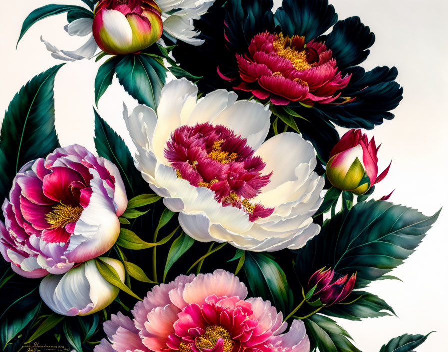 Vibrant painting of white and pink peonies in bloom