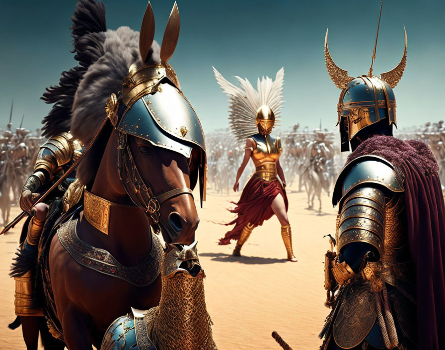 Armored warriors and horses in desert battlefield with warrior woman and cloaked figure.