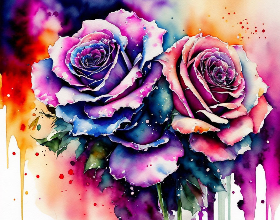 Vibrant watercolor painting of two roses in purple, blue, pink, and red