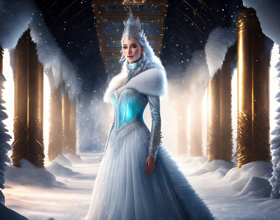 Regal woman in blue and white gown with fur shawl and crown in snowy scene