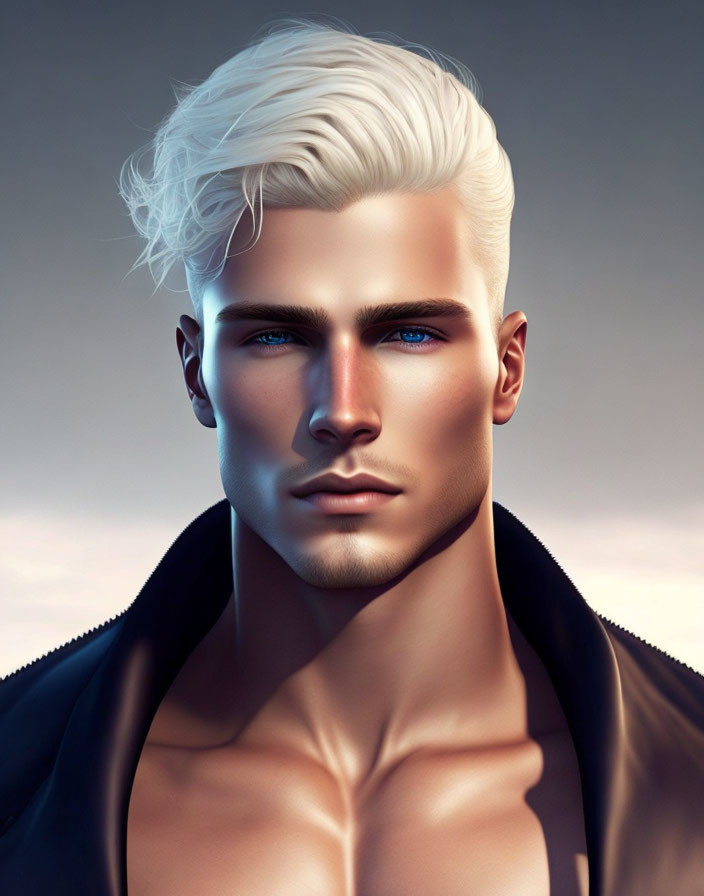 Platinum Blonde Man with Blue Eyes in Black Jacket