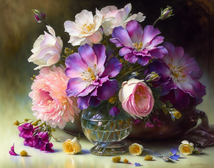 Colorful Still Life Painting of Blooming Flowers in Glass Vase