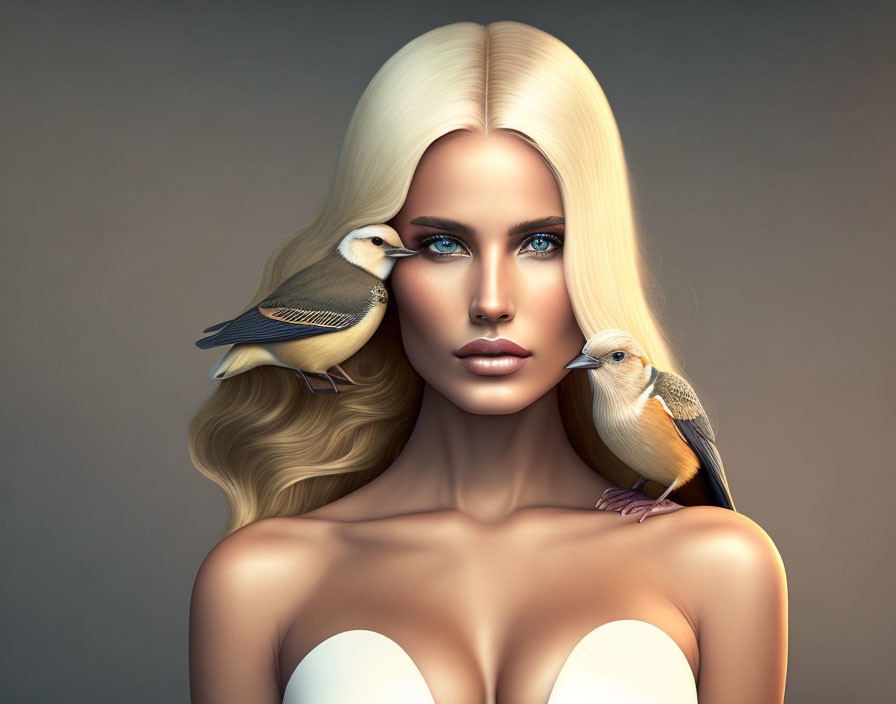 Digital artwork featuring woman with blue eyes, blonde hair, and birds