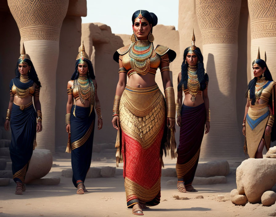 Five Women in Ancient Egyptian Costumes Among Sandstone Columns