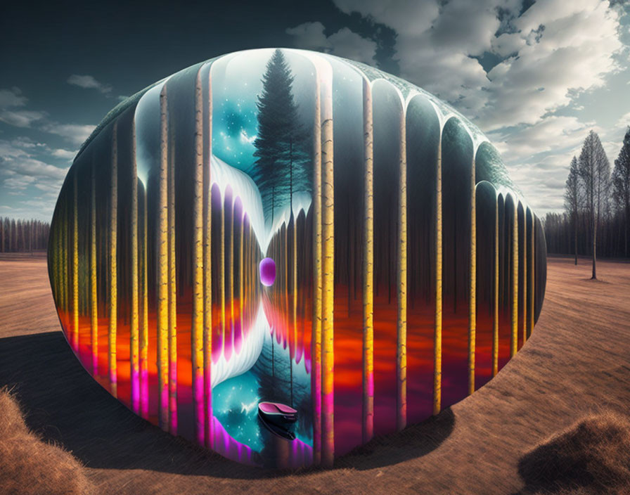 Surreal landscape with egg-shaped structure & forest scene turning into colorful wave pattern