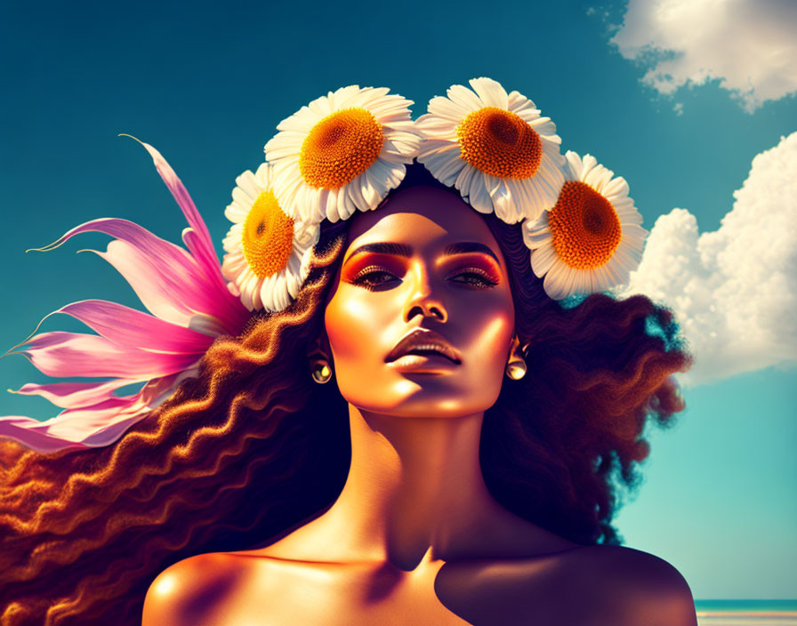 Woman with Daisy Crown and Pink Feather in Flowing Hair on Blue Sky