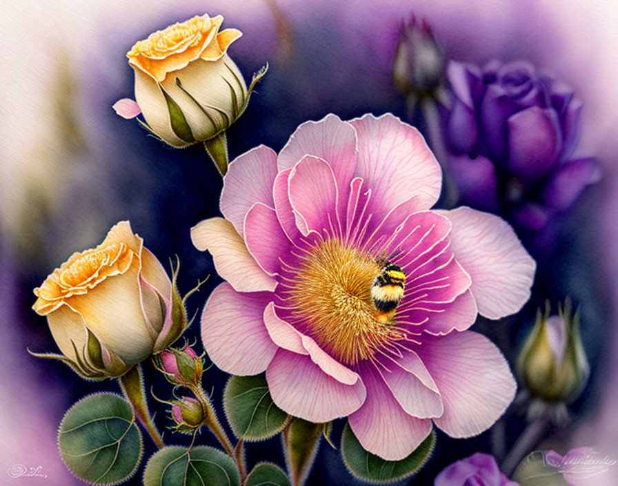 Bumblebee on Pink Flower with Roses on Purple Background