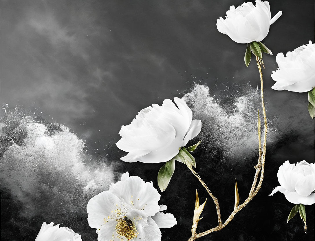 Branch with white flowers and golden centers on dark background with powdery burst effect