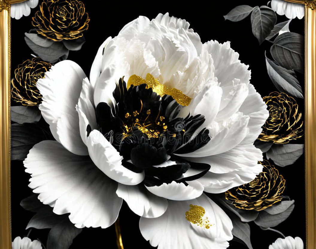 White and Golden Peonies on Dark Background with Gold Frame