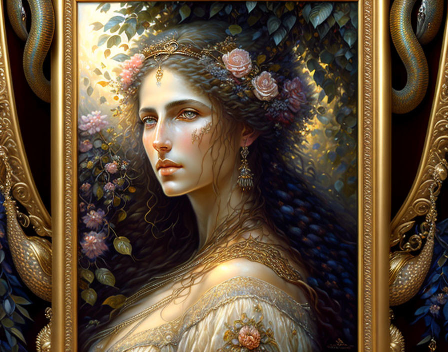 Woman portrait with floral headpiece and ornate jewelry in golden frame.