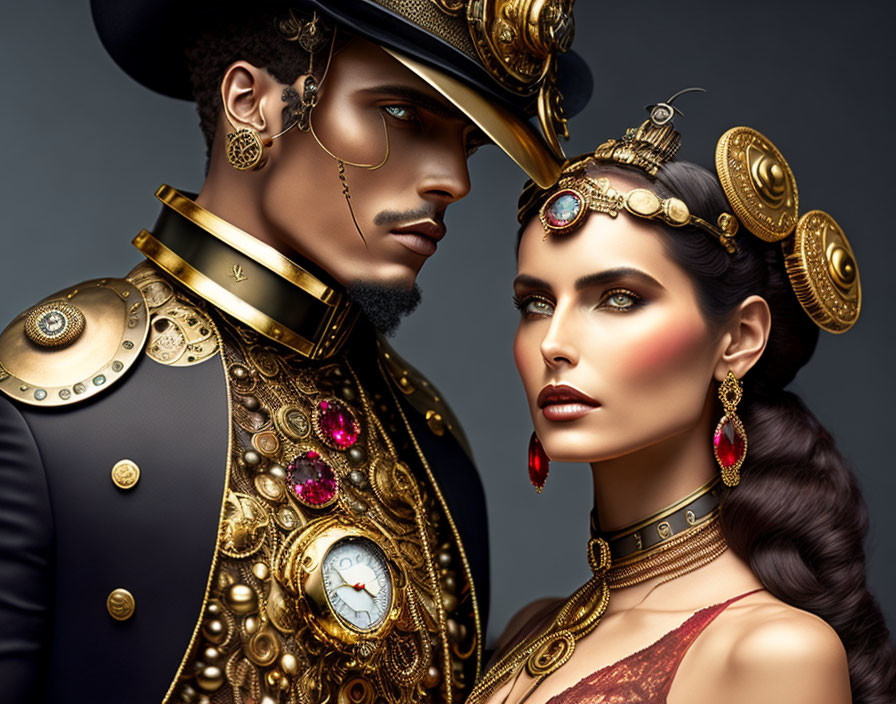 Man and woman in ornate steampunk attire with timepiece accents on gray background