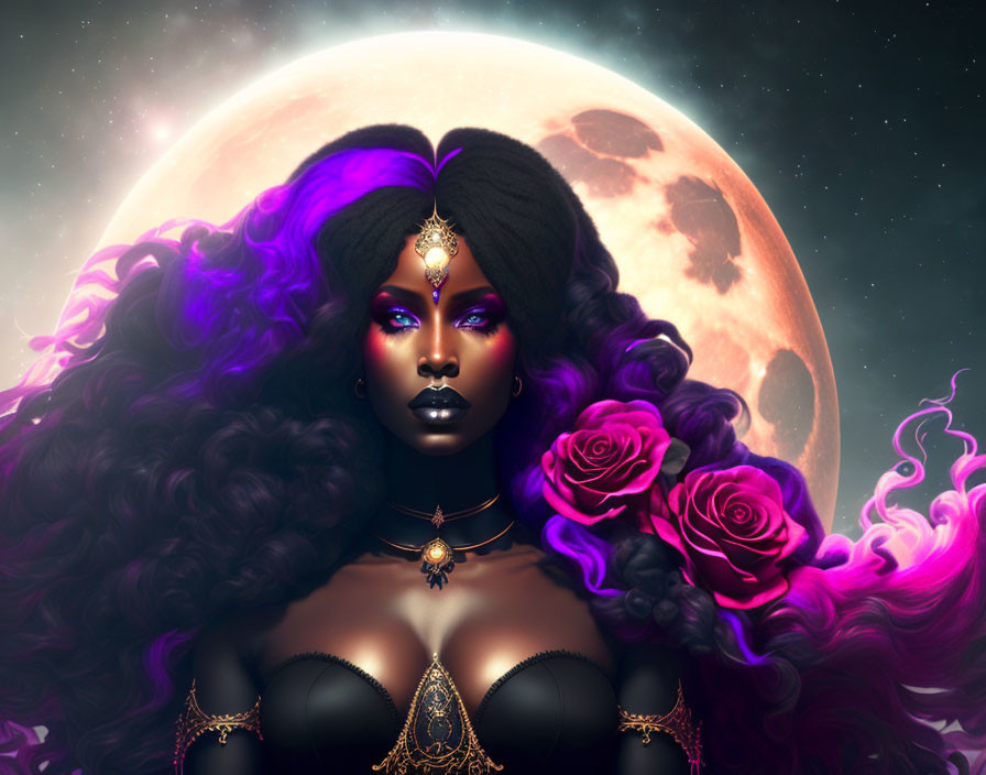 Surreal artwork of woman with dark skin, purple hair, gold jewelry, cosmic backdrop