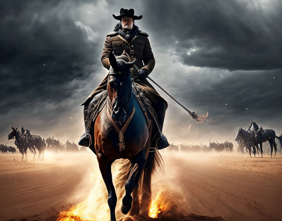 Cowboy on horseback leading a charge under stormy sky