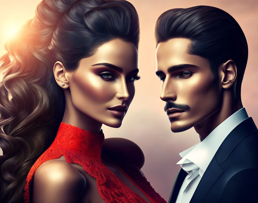 Elegant woman and man in formal attire with stylish makeup on warm backdrop