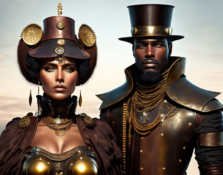 Steampunk couple in intricate metallic attire with unique headwear and accessories