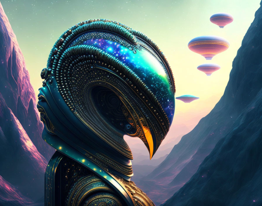 Futuristic alien being with starry helmet gazes at floating cities between rock formations