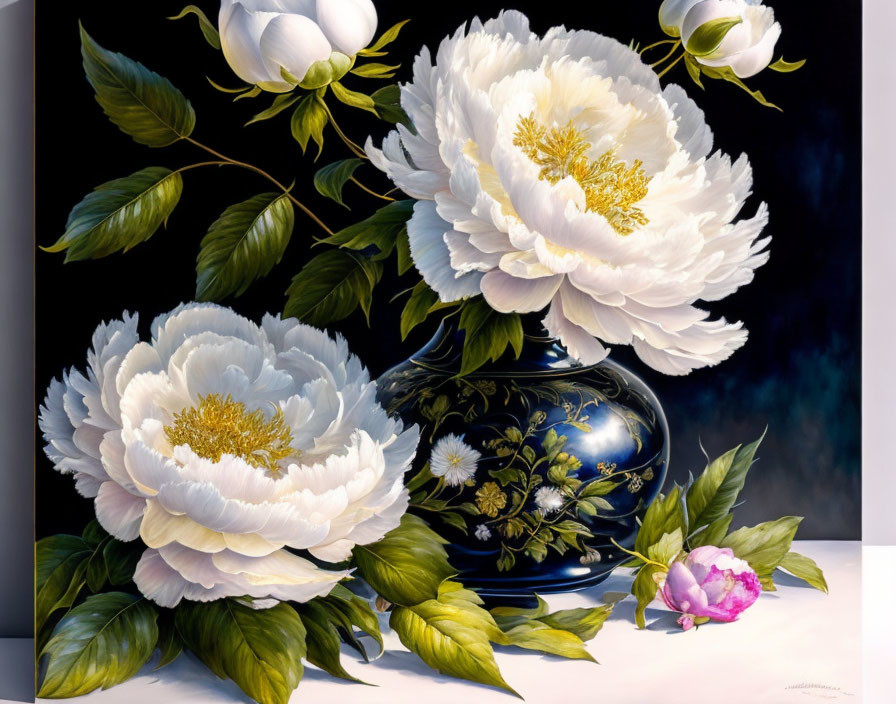 Vivid white peonies in blue vase on dark background