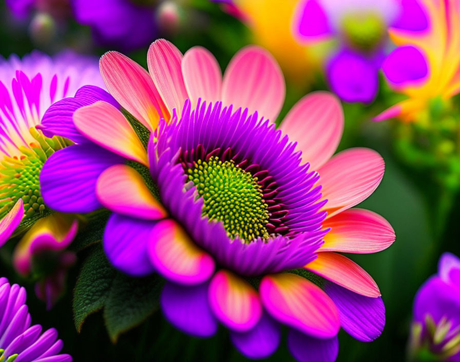 Bright Pink-Purple Flowers with Yellow-Green Center and Soft Focus Florals