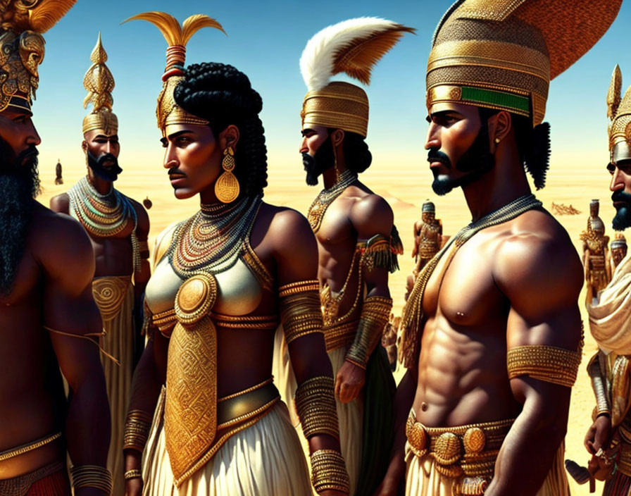 Ancient Egyptian royalty and guards in golden headpieces and jewelry.