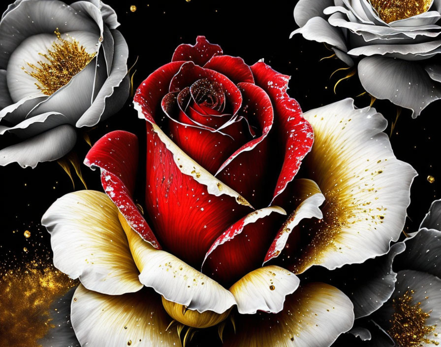 Vibrant red rose with water droplets and golden glitter on dark background