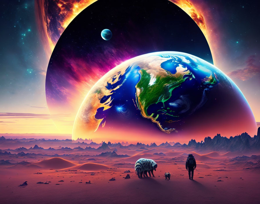 Surreal landscape with person, animals, and celestial bodies in colorful sky