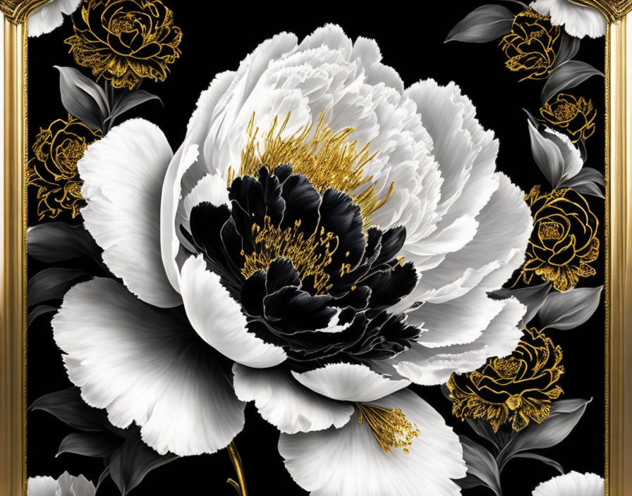 Detailed Black and White Flower Design with Gold Accents on Black Background