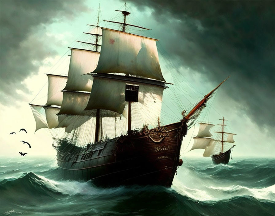 Sailing ship with white sails on turbulent seas under stormy sky