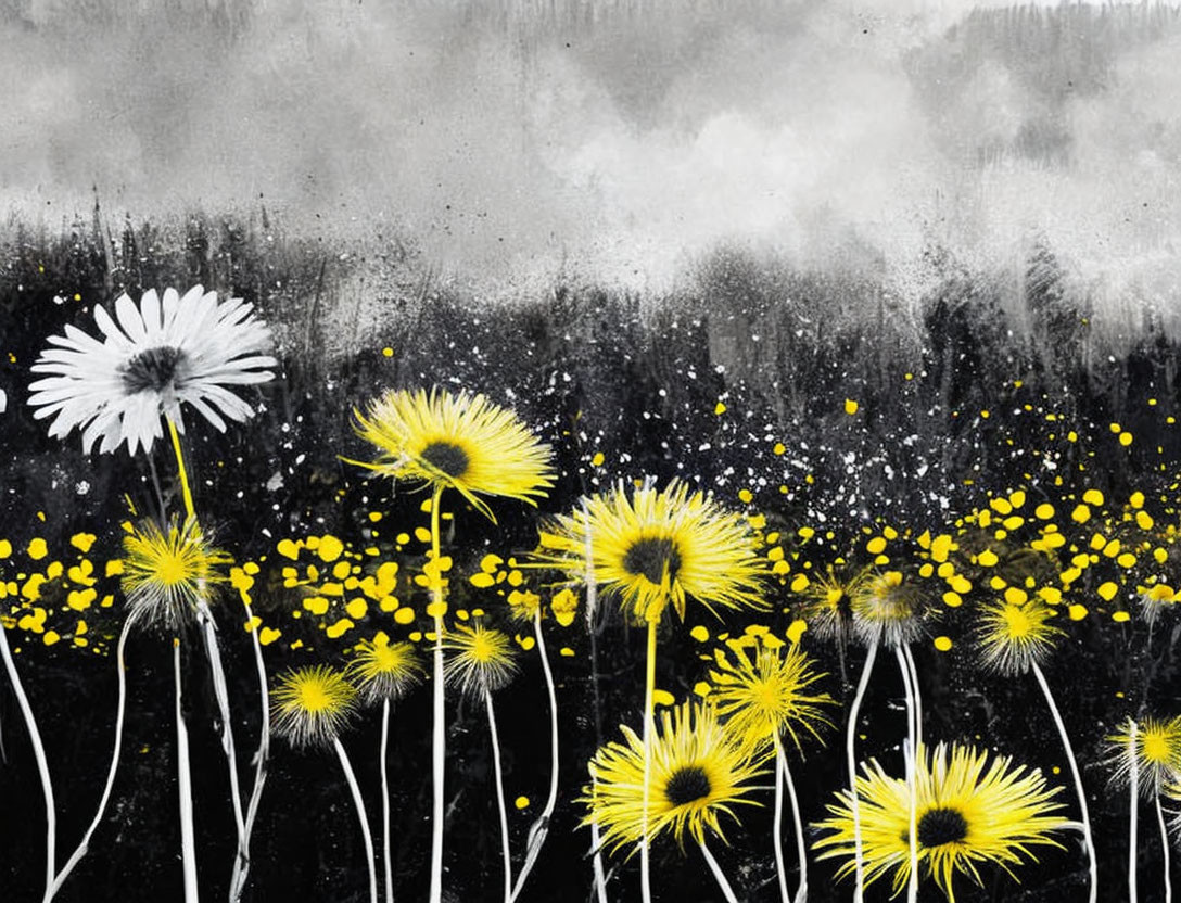 Monochrome abstract dandelions with yellow splashes on textured background