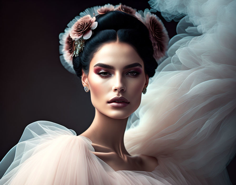 Woman in Elegant Makeup and Voluminous Tulle Outfit with Floral Hair Accessories