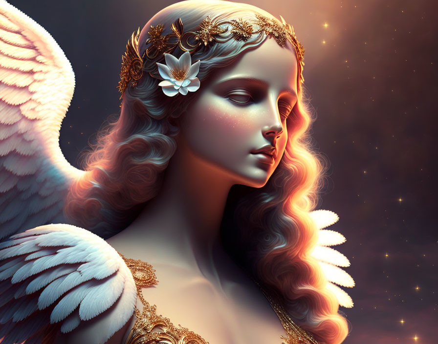 Ethereal being with angelic wings and golden tiara in serene setting