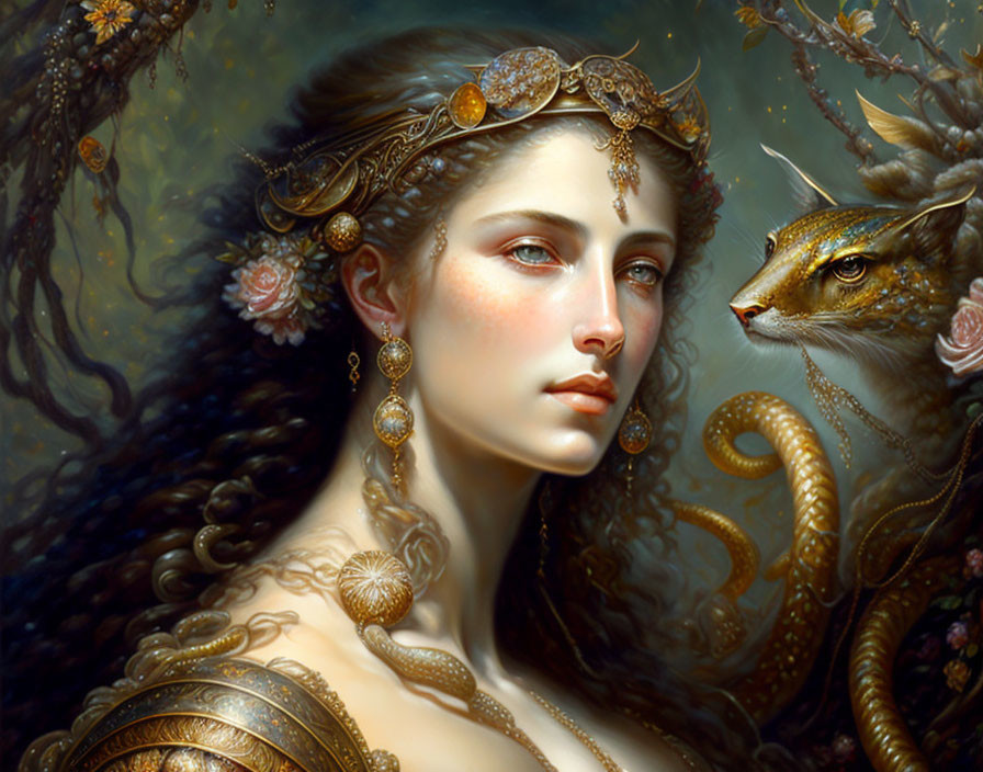 Detailed painting of woman with ornate jewelry and fantasy cat with antlers in lush nature setting