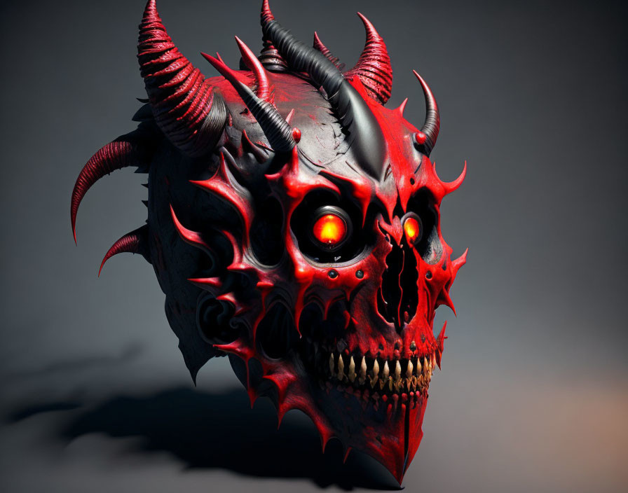 Sinister red demonic head with glowing eyes and horns on dark background