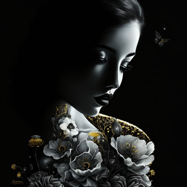 Monochromatic artistic image of woman with floral patterns and butterfly on dark background