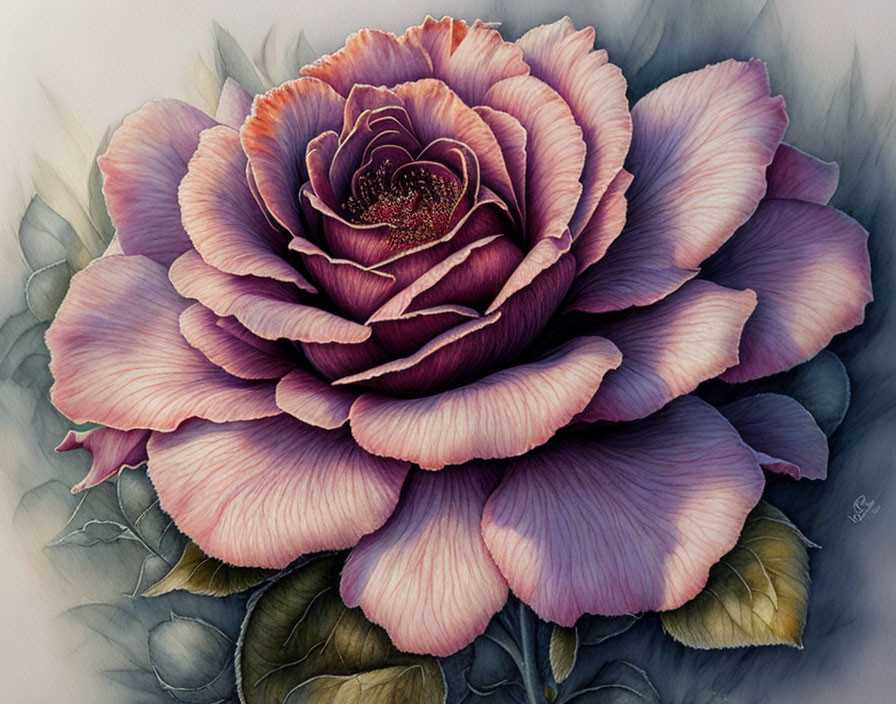 Detailed Illustration: Large Multi-Petaled Rose in Purple, Pink, and White