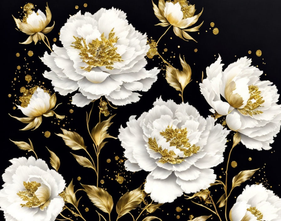 Luxurious Floral Design: White Flowers with Golden Details on Dark Background